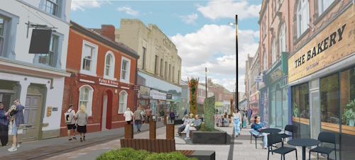 This image: a sketch of how the High Street may look under the proposed improvements.
						The map: the map shows the landscape masterplan within the Project Area along with some 
						map markers of before and after visuals of key areas of the High Street and icons showing
						seating and planting areas.